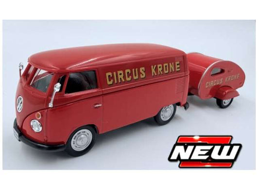 Pre-Order – Volkswagen Samba Van *Circus Krone* with caravan, red 1:43 Cararama Model (CARA13461-2) – ETA. January 2027