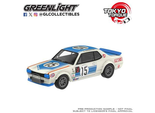 Pre-Order – 1972 Nissan Skyline GTR (KPGC100) with *50th Victory* *Tokyo Torque Series 10*, white/blue 1:64 GreenLight Model (GL235110-B) – ETA. January 2027