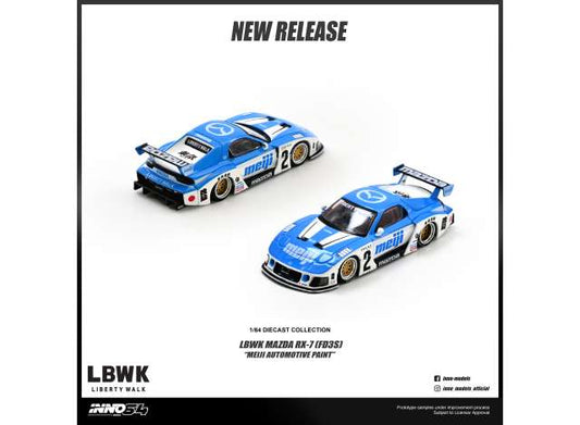 Pre-Order – Mazda RX7 (FD3S) LB-Super Silhouette *Meiji*, blue/white 1:64 Inno Models Model (IN64-LBWKRX7-10) – ETA. February 2027