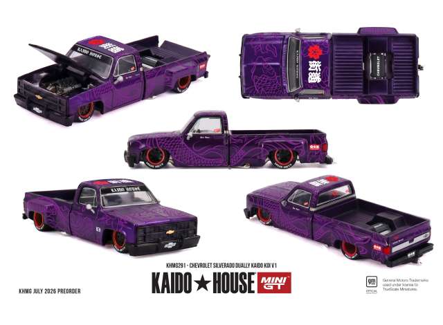 Pre-Order – 1980 Chevrolet Silverado Dually Kaido KOI V1m purple 1:64 Mini GT Model (MGTKHMG291) – ETA. March 2027