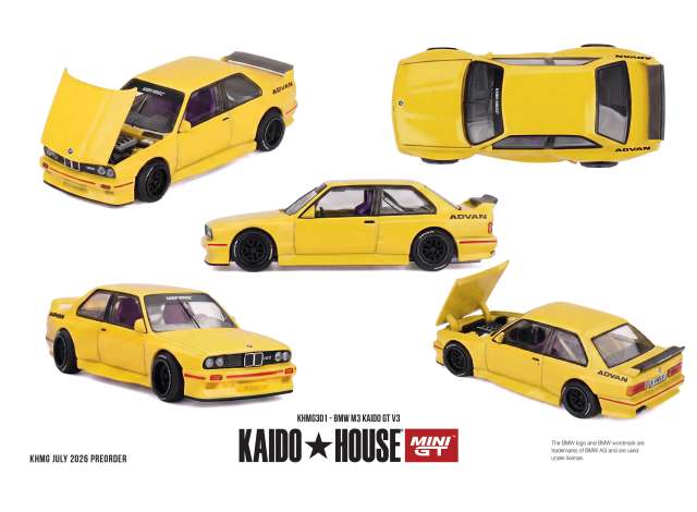 Pre-Order – 1989 BMW M3 (E30) Kaido GT V3, yellow 1:64 Mini GT Model (MGTKHMG301) – ETA. March 2027