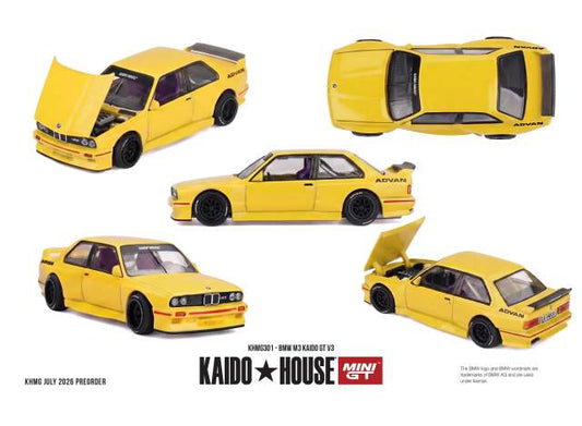 Pre-Order – 1989 BMW M3 (E30) Kaido GT V3, yellow 1:64 Mini GT Model (MGTKHMG301) – ETA. March 2027