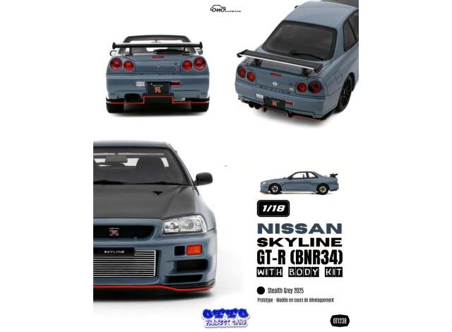 Pre-Order – 2025 Nissan Skyline GT-R (BNR34) with body kit *Resin series*, stealth grey 1:18 OttOmobile Miniatures Model (OT1238) – ETA. April 2027