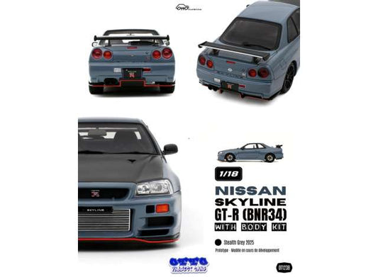 Pre-Order – 2025 Nissan Skyline GT-R (BNR34) with body kit *Resin series*, stealth grey 1:18 OttOmobile Miniatures Model (OT1238) – ETA. April 2027