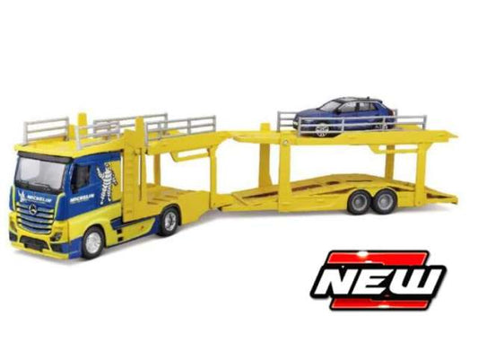 Pre-Order – Mercedes Benz Actros 2545 Multicar Carrier with Volkswagen T-Roc *MICHELIN*, blue/yellow 1:43 Bburago Model (BURA18-31457M) – ETA. February 2027