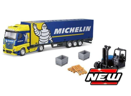 Pre-Order – Mercedes Benz Actros Hauler Trailer with forklift *MICHELIN*, blue/yellow 1:43 Bburago Model (BURA18-31471M) – ETA. February 2027