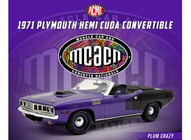 Pre-Order – 1971 Plymouth Hemi Cuda Convertible, plum crazy 1:18 Acme Diecast Model (ACME1806141) – ETA. March 2027