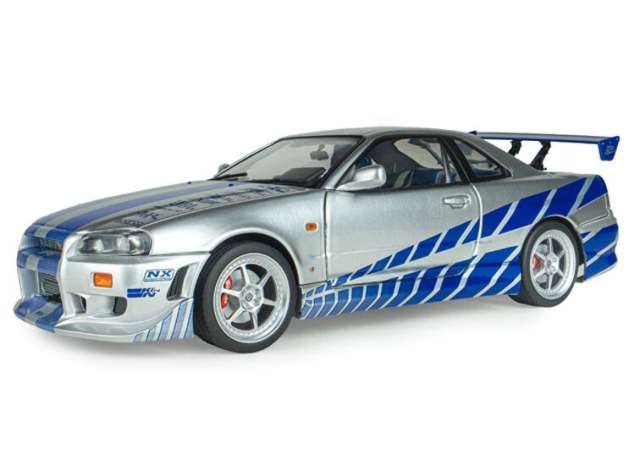 Pre-Order – Nissan Skyline GT-R (BNR34) F&F Brian, silver/blue 1:18 Solido Model (SOLI1804315A) – ETA. March 2027