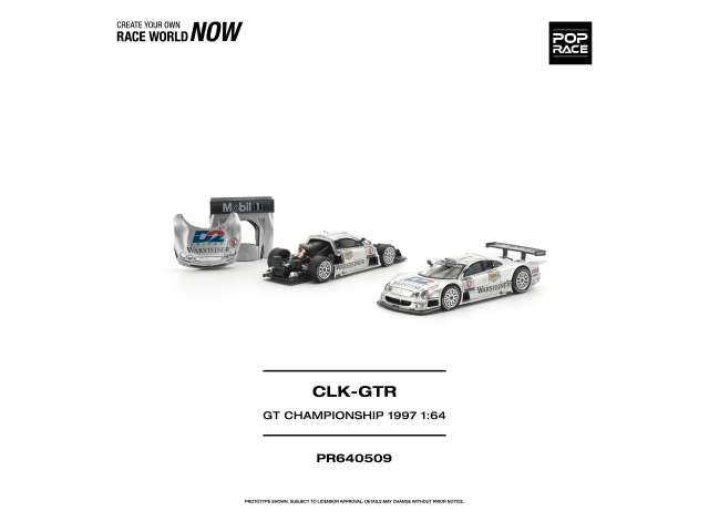 Pre-Order – 1997 Mercedes Benz AMG CLK GTR FIA GT Championship, silver 1:64 Pop Race Model (PR640509) – ETA. June 2027