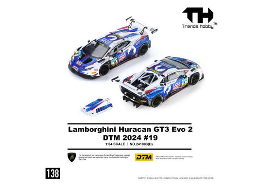Pre-Order – 2024 Lamborghini Huracan GT3 Evo2 DTM #19, blue/white 1:64 Trends Hobby Model (TH241083H) – ETA. January 2027