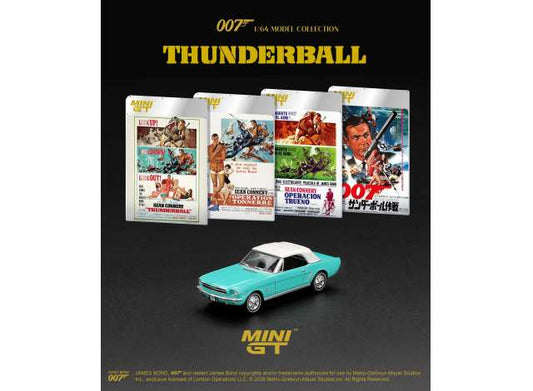 Pre-Order – 1965 Ford Mustang Convertible *Thunderball* Spanish Blister Packaging, turquois 1:64 Mini GT Model (MGT00923-007S) – ETA. March 2027