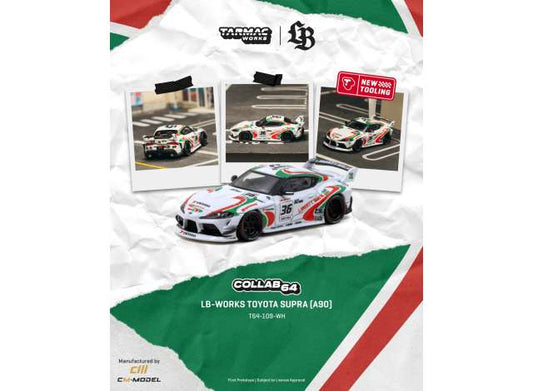 Pre-Order – 2024 Toyota Supra (A90) LB-Works Castrol Tribute, white/green/red 1:64 Tarmac Works Model (TC-T64-109-WH) – ETA. April 2027