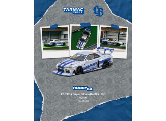 Pre-Order – 2025 Nissan Skyline GTR (ER34) LB Super Silhouette MGMini SEMA Show, silver/blue 1:64 Tarmac Works Model (TC-T64-104-MG) – ETA. April 2027
