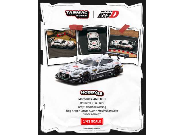 Pre-Order – 2026 Mercedes Benz AMG GT GT3 #77 Ralf Aron Craft Bamboo Racing Bathurst 12h., white/black 1:43 Tarmac Works Model (TC-T43-023-26BH77) – ETA. April 2027