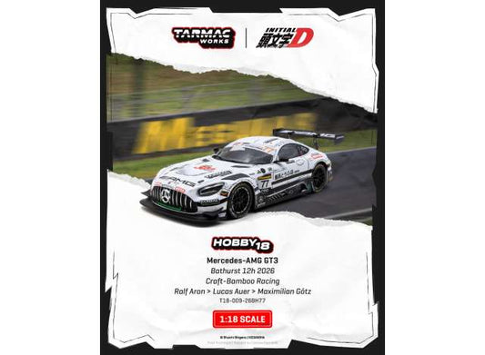 Pre-Order – 2026 Mercedes Benz AMG GT GT3 #77 Ralf Aron Craft Bamboo Racing Bathurst 12h., white/black 1:18 Tarmac Works Model (TC-T18-009-26BH77) – ETA. April 2027