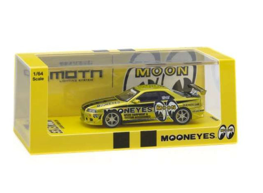 Pre-Order – 2026 Nissan Skyline GT-R (R34) *Mooneyes 1 with Led*, yellow-green 1:64 Kyosho Model (KYO07134LM1) – ETA. January 2027