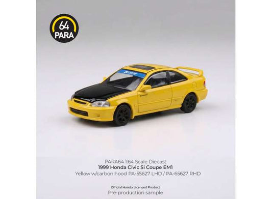 Pre-Order – 1999 Honda Civic Coupe EM1, yellow with carbon  hood 1:64 Para64 Model (PA65627) – ETA. March 2027