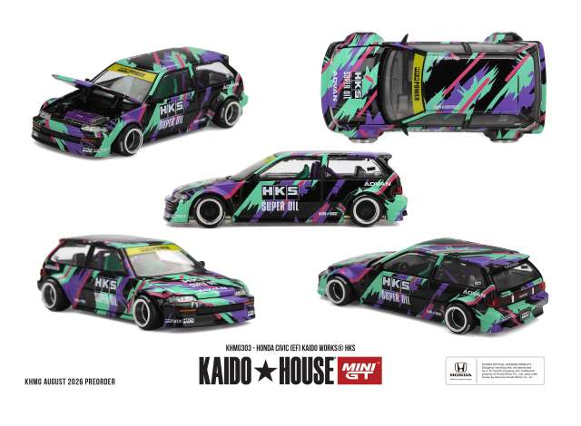 Pre-Order – 1987 Honda Civic (EF) Kaido Works *HKS*, various 1:64 Mini GT Model (MGTKHMG303) – ETA. April 2027