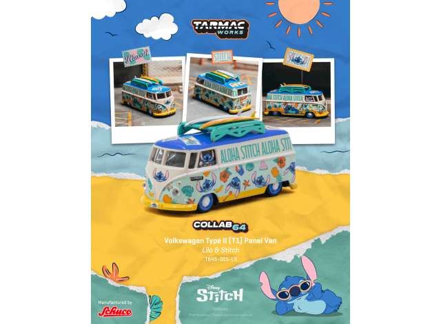 Pre-Order – 2025 Volkswagen Transporter T1 Panel van Lilo & Stitch, various 1:64 Tarmac Works Model (TC-T64S-005-LS) – ETA. April 2027