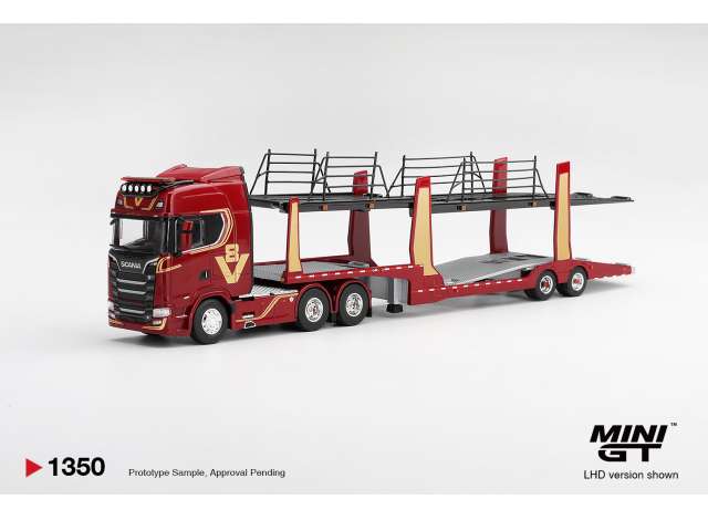 Pre-Order – Scania 770S A6x4NA Car Transporter V8 *50th Anniersary* with car transporter, red 1:64 Mini GT Model (MGT01350-R) – ETA. March 2027
