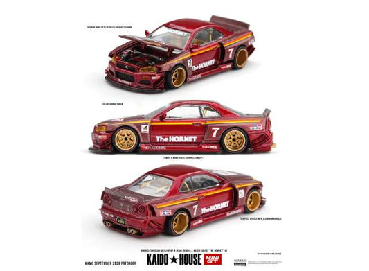 Pre-Order – 1999 Nissan Skyline GTR (R34) Tamiya x Kaido House *The Hornet* V2, red 1:64 Mini GT Model (MGTKHMG315) – ETA. May 2027