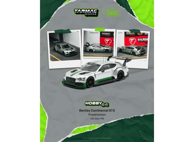 2018 Bentley Continental GT3 Presentation, silver/green 1:64 Tarmac Works Model (TC-T64-030-PRE) – ETA. May/June 2027