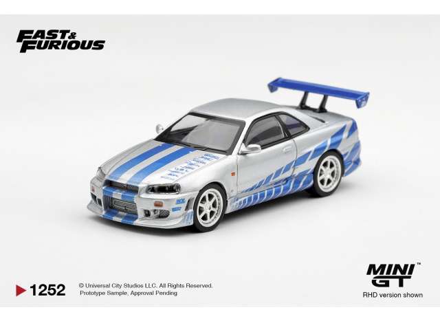 2003 Nissan Skyline GT-R (R34) C-West *2 Fast 2 Furious* Brian O’Conner, silver/blue 1:64 Mini GT Model (MGT01252-BL) – ETA. May/June 2027