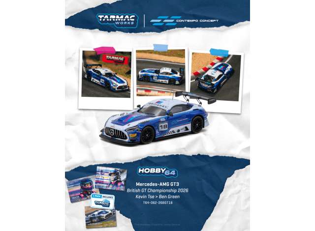 2026 Mercedes-Benz AMG GT GT3 #18 Kevin TSE British GT Championship, blue/white 1:64 Tarmac Works Model (TC-T64-062-26BGT18) – ETA.