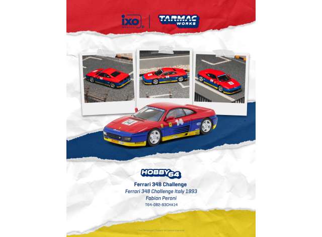 1993 Ferrari 348 Challenge #14 Fabian Peroni 348 Challenge Italy, red/blue/yellow 1:64 Tarmac Works Model (TC-T64-082-93CHA14) – ETA.
