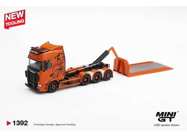 2025 Scania 770S B8X4NA Hooklift Flatbed, orange 1:64 Mini GT Model (MGT01392-R) – ETA. June/July 2027