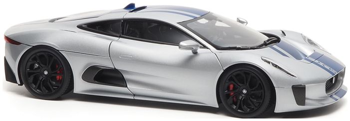 Available to Order – Jaguar C-X75 2013 Lightning Silver w/Gloss Blue Stripes 1:18 (ALM 810601)