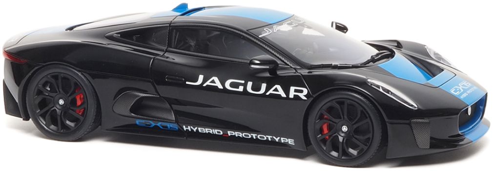 Available to Order – Jaguar C-X75 2013 Ultimate Black Metallic w/Light Blue Stripes 1:18 (ALM 810603)