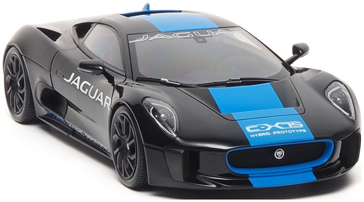 Available to Order – Jaguar C-X75 2013 Ultimate Black Metallic w/Light Blue Stripes 1:18 (ALM 810603)