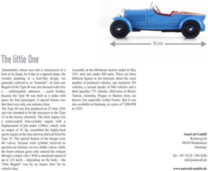 Available to Order – Bugatti Type 40 Boattail Speedster Blue 1:43 Autocult Model (ATC 01023)
