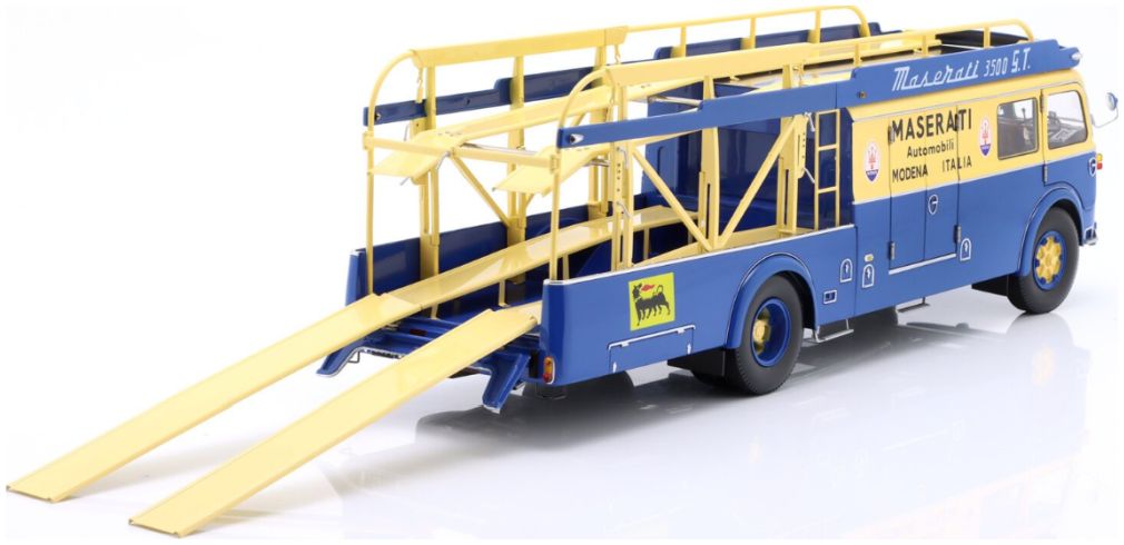 Available To Order – Fiat 642 RN2 Bartoletti Maserati Race Car Transporter 1957 Blue/Yellow 1:18 (CMR 141)