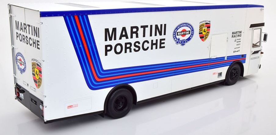 Available to Order – Mercedes O317 Porsche Race Transporter Martini 1968 White 1:18 (CMR 154)