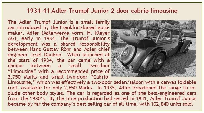 Available To Order – Adler Trumpf Junior Cabrio-Limo Green Two-Tone Green 2-Door Top Down 1934-36 1:43 Esval Model (ESV EMEU43034N)