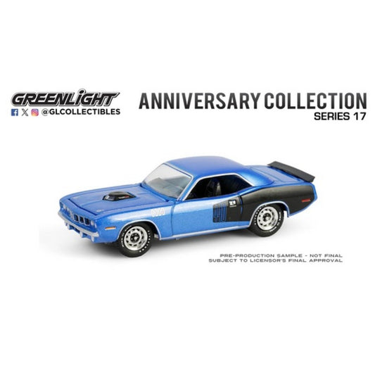 THIS ITEM IS AVAILABLE TO ORDER FROM OUR SUPPLIER - 1:64 GREENLIGHT GL28160-D ANNIVERSARY COLLECTION SERIES 17 - 1971 PLYMOUTH 'CUDA 440 6BBL SHAKER - B5 BLUE - 'CUDA 60TH ANNIVERSARY
