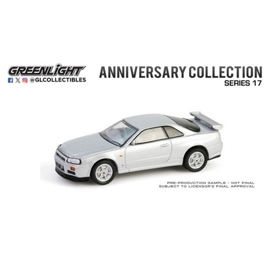 THIS ITEM IS AVAILABLE TO ORDER FROM OUR SUPPLIER - 1:64 GREENLIGHT GL28160-E ANNIVERSARY COLLECTION SERIES 17 - 1999 NISSAN SKYLINE V-SPEC (R34) - SONIC SILVER - 25TH ANNIVERSARY