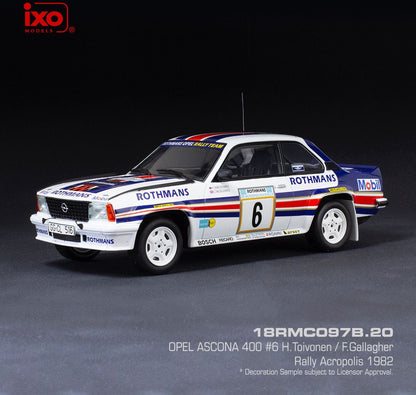 Available to Order – Opel Ascona B 400 #6 Rally Acropolis 1982 H.Toivonen/F.Gallagher 1:18 (IXO 18RMC097B)