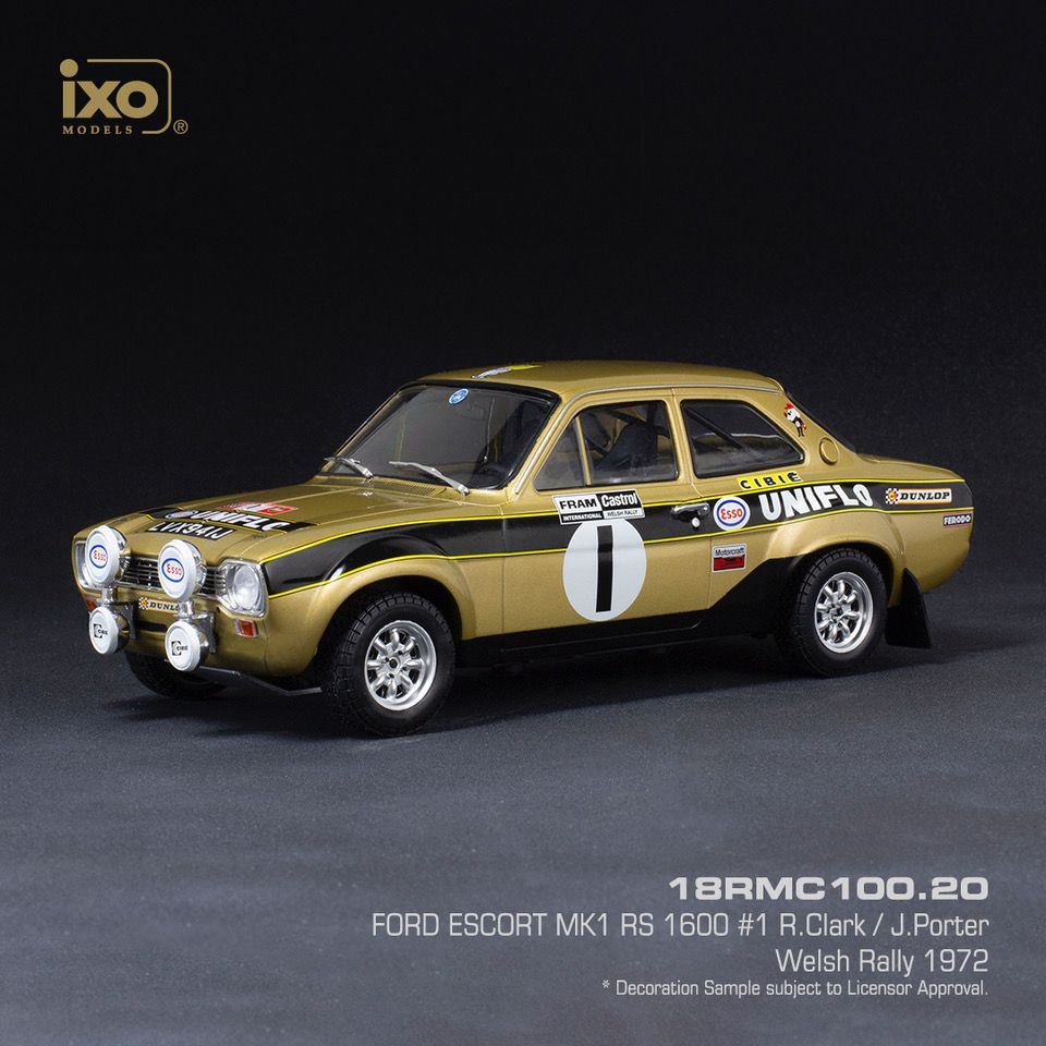 Available To Order – Ford Escort MkI RS 1600 #1 Old Gold Welsh Rally 1972 R.Clark/J.Porter 1:18 (IXO 18RMC100)