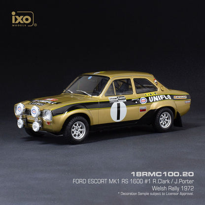 Available To Order – Ford Escort MkI RS 1600 #1 Old Gold Welsh Rally 1972 R.Clark/J.Porter 1:18 (IXO 18RMC100)