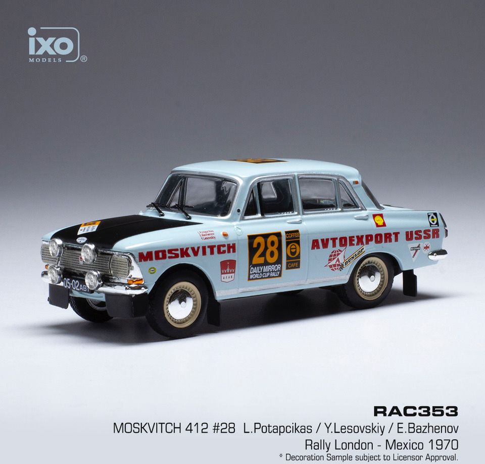 Available To Order – Moskwitsch 412 #28 Rally London/Mexico 1970 L.Potapcikas/Y.Lesovskiy/E.Bazhenov 1:43 IXO Model (IXO RAC353)