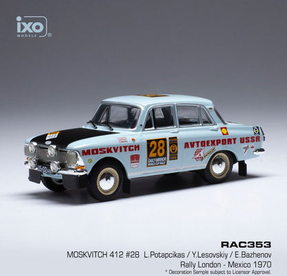 Available To Order – Moskwitsch 412 #28 Rally London/Mexico 1970 L.Potapcikas/Y.Lesovskiy/E.Bazhenov 1:43 IXO Model (IXO RAC353)