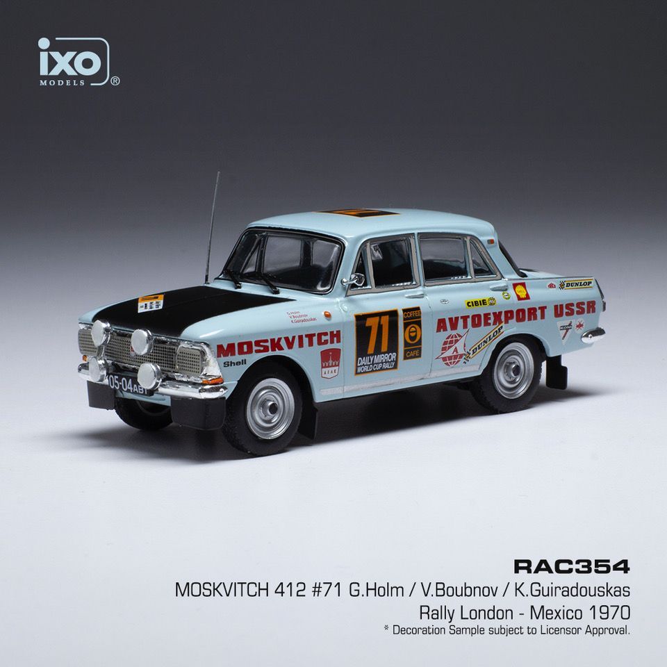 Available To Order – Moskwitsch 412 #71 Rally London/Mexico 1970 G.Holm/V.Boubnov/K.Guiradouskas 1:43 IXO Model (IXO RAC354)