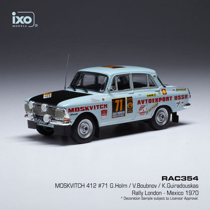 Available To Order – Moskwitsch 412 #71 Rally London/Mexico 1970 G.Holm/V.Boubnov/K.Guiradouskas 1:43 IXO Model (IXO RAC354)