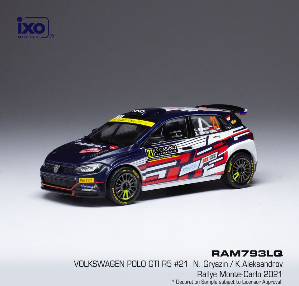 Available To Order – VW Polo GTI R5 #21 Rally Monte Carlo 2021 N.Gryazin/K.Aleksandrov 1:43 IXO Model (IXO RAM793)