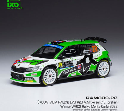 Available To Order – Skoda Fabia Rally2 EVO #20 WRC Rally Monte Carlo 2022 A.Mikkelsen/E.Torstein 1:43 IXO Model (IXO RAM839)