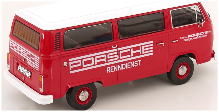 Available To Order – VW T2b Bus 1972 Red/White Porsche Renndienst 1:18 (KKS DC181364)