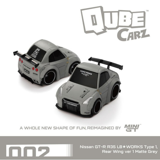 PRE ORDER STOCKS DUE DECEMBER 2025 / JANUARY 2026 1:64 MINI GT QZ002 QUBECARZ NISSAN GT-R R35 LB WORKS TYPE 1 REAR WING VER 1 MATTE GREY